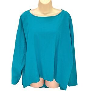 Vtg Chico’s Womens Size 2 Blouse Teal Cotton Blend Top High Low Hem Long Sleeve